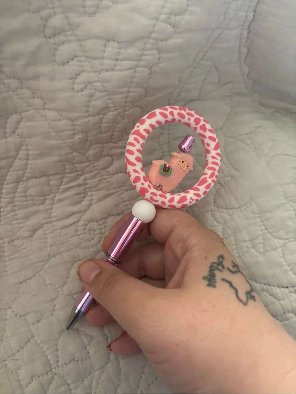 Pink Beaded Llama and Ring Pen